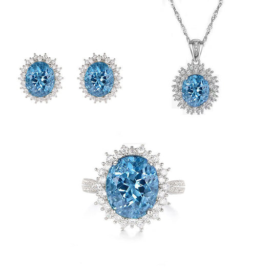 OliyaDesign S925 Sterling Silver Three-Piece Set with Topaz in Aquamarine Blue