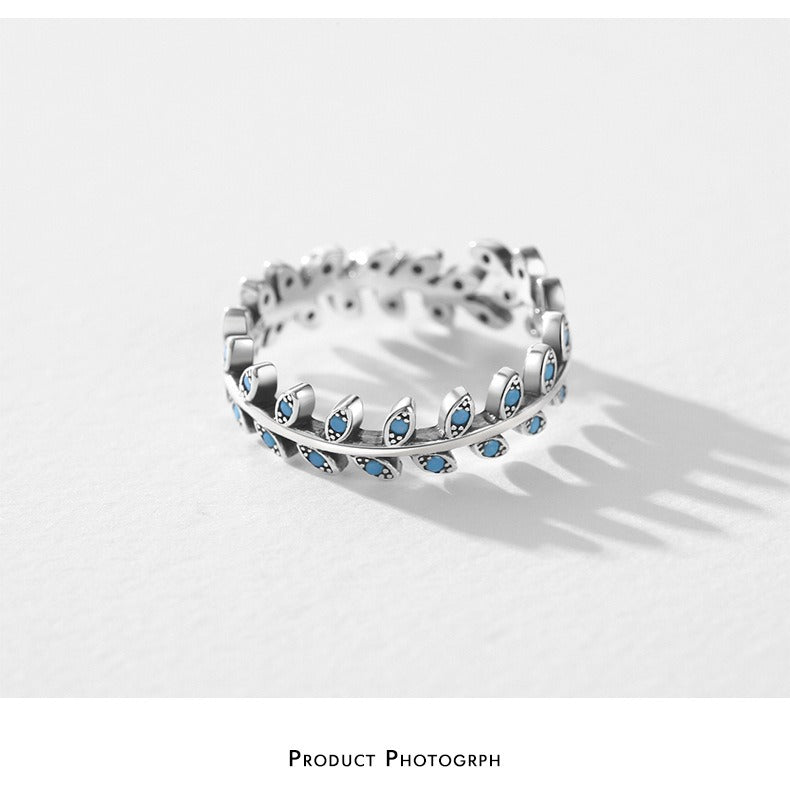 OliyaDesign Adjustable Open-Ended S925 Sterling Silver Turquoise Leaf Ring