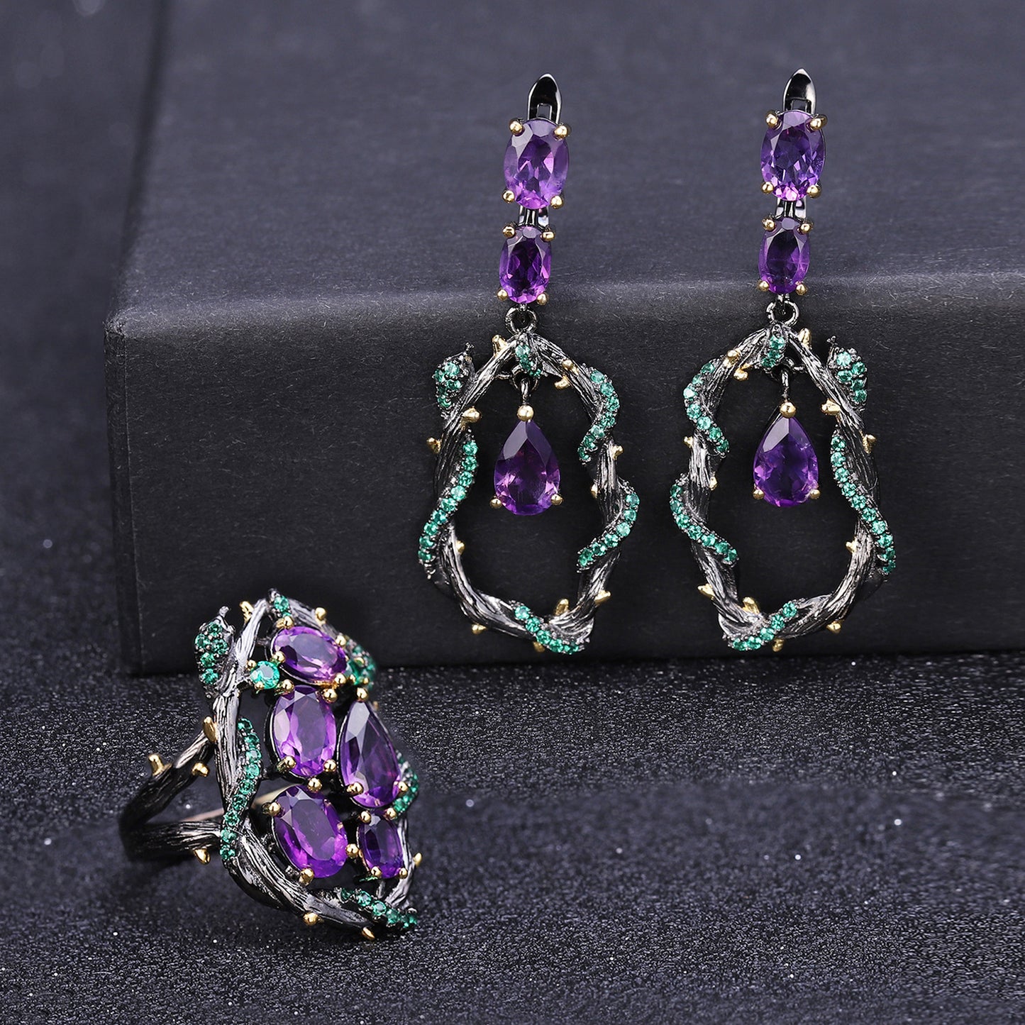 OliyaDesign Italian-Style Designer Earrings With Natural Amethyst And Vine Design In 925 Sterling Silver.