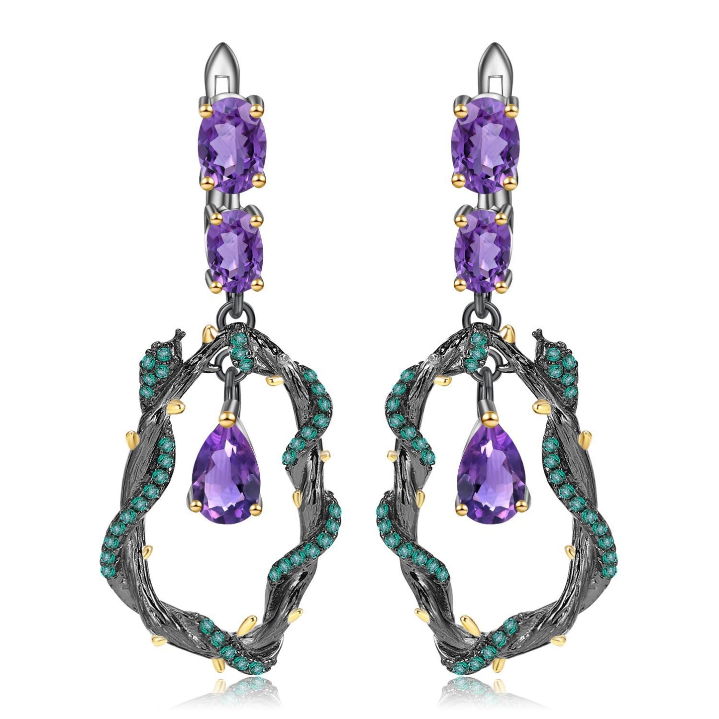 OliyaDesign Italian-Style Designer Earrings With Natural Amethyst And Vine Design In 925 Sterling Silver.