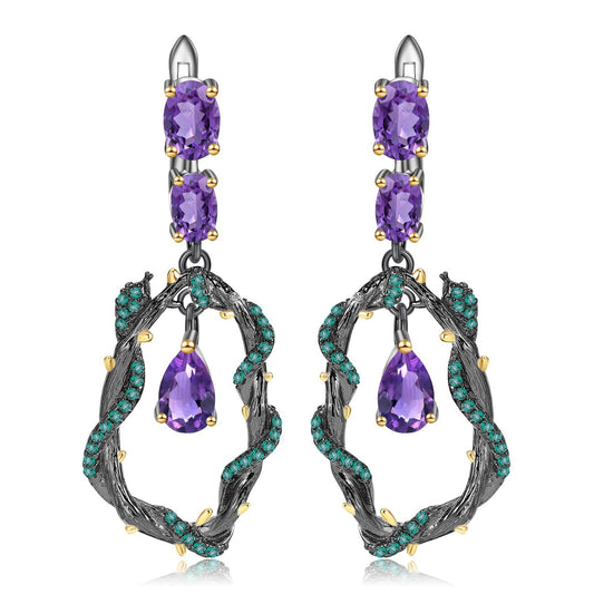 OliyaDesign Italian-Style Designer Earrings With Natural Amethyst And Vine Design In 925 Sterling Silver.