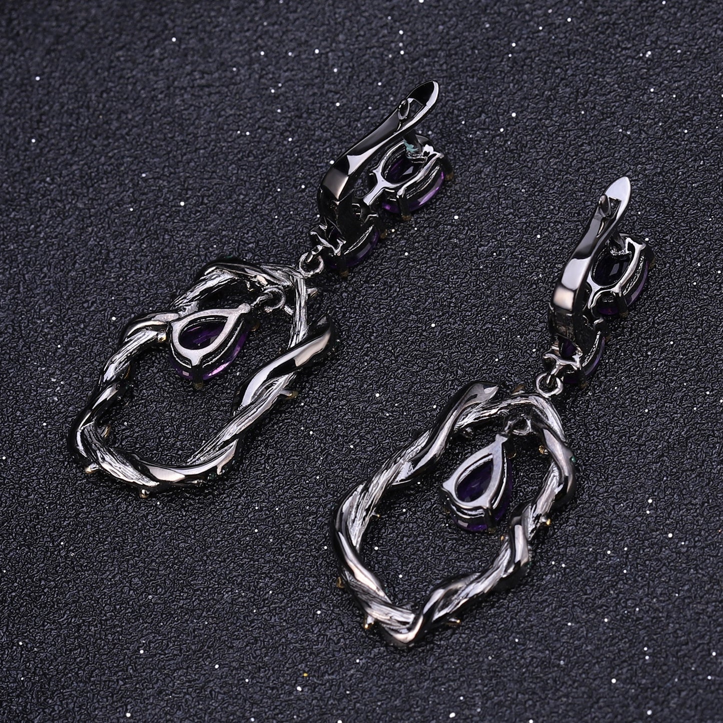 OliyaDesign Italian-Style Designer Earrings With Natural Amethyst And Vine Design In 925 Sterling Silver.