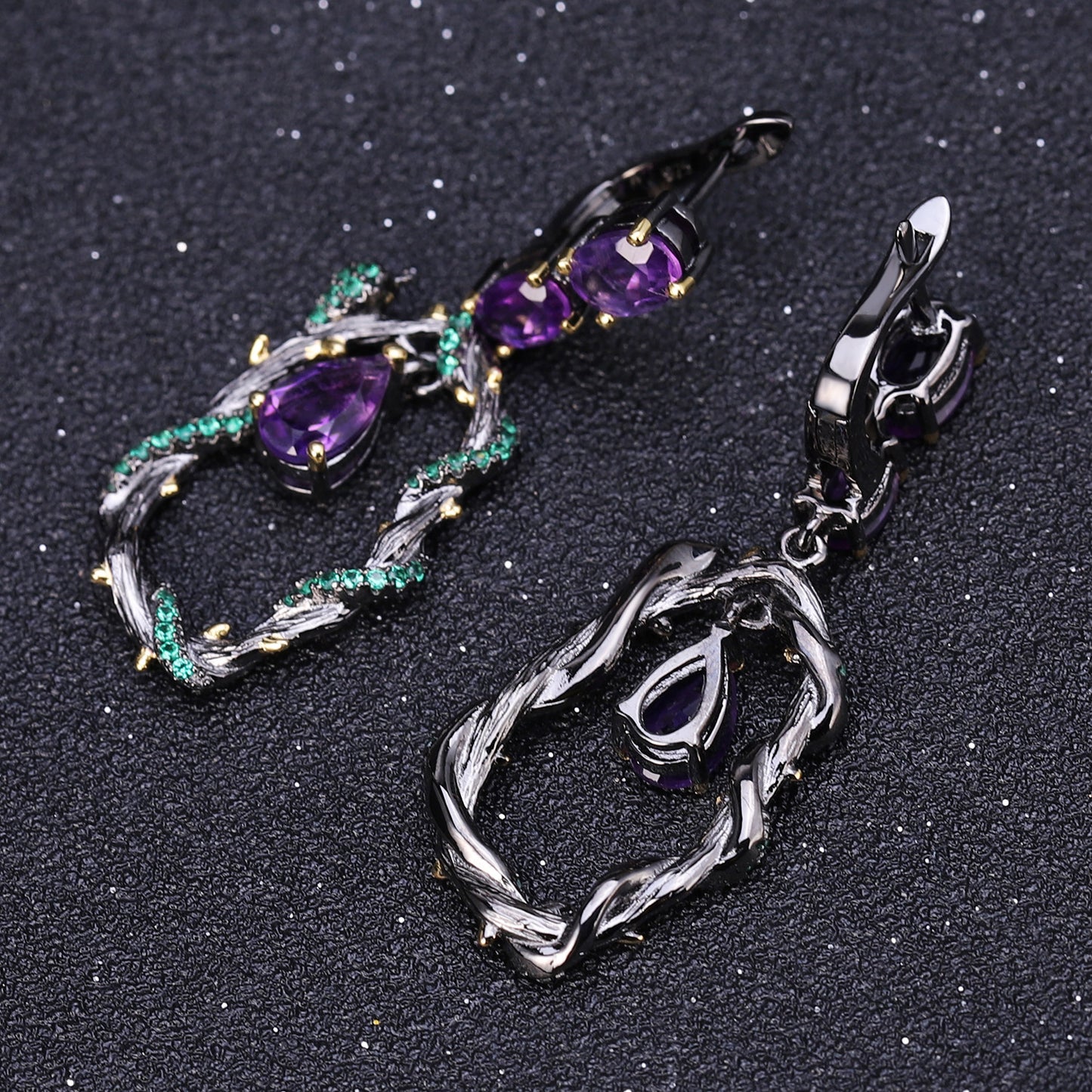 OliyaDesign Italian-Style Designer Earrings With Natural Amethyst And Vine Design In 925 Sterling Silver.