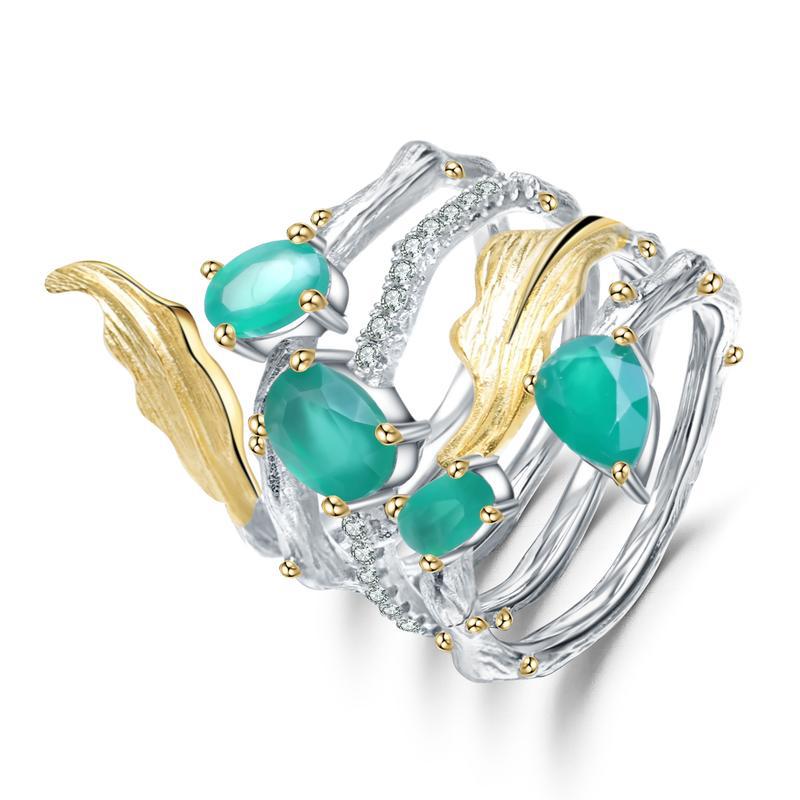 OliyaDesign Original Design Colorful Gemstone Ring With A Vine Motif, Made Of 925 Sterling Silver And Featuring Topaz And Natural Crystals.