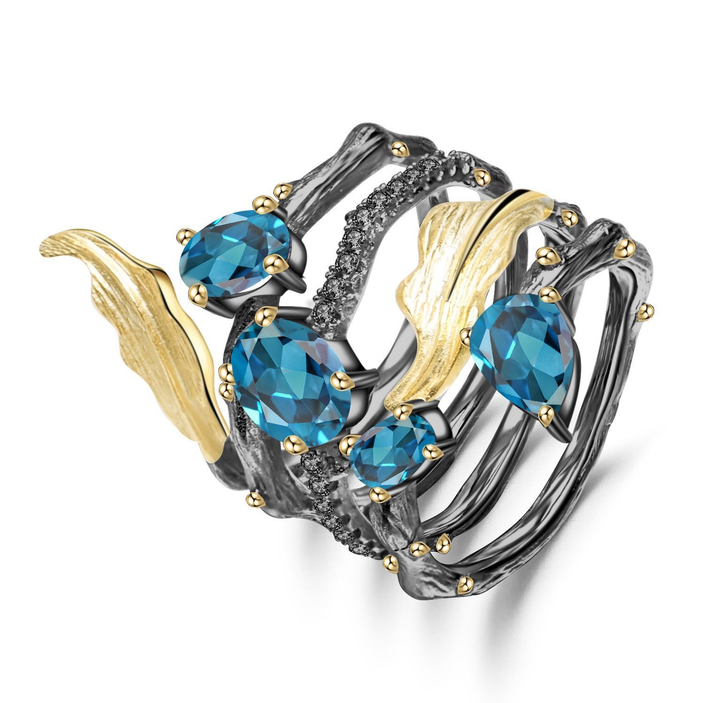 OliyaDesign Original Design Colorful Gemstone Ring With A Vine Motif, Made Of 925 Sterling Silver And Featuring Topaz And Natural Crystals.