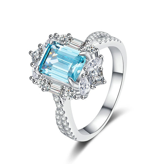 OliyaDesign High-Carbon Diamond Rectangular Sea-Blue S925 Sterling Silver Ring