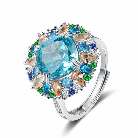 OliyaDesign Aquamarine High-Carbon Diamond 925 Sterling Silver Open Ring