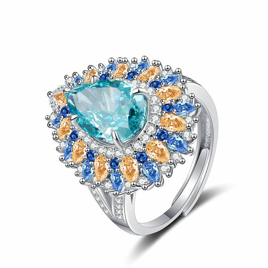 OliyaDesign Pear-Shaped, Sea-Blue Ice Flower Cut Fashion Diamond Ring