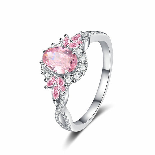 OliyaDesign Sterling Silver Egg-Shaped Pink Diamond 5A Zircon Women'S Ring