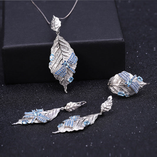 OliyaDesign Autumn Leaves and Dragonfly Niche Jewelry Set: S925 Sterling Silver Natural Gemstone Ring, Earrings, Pendant