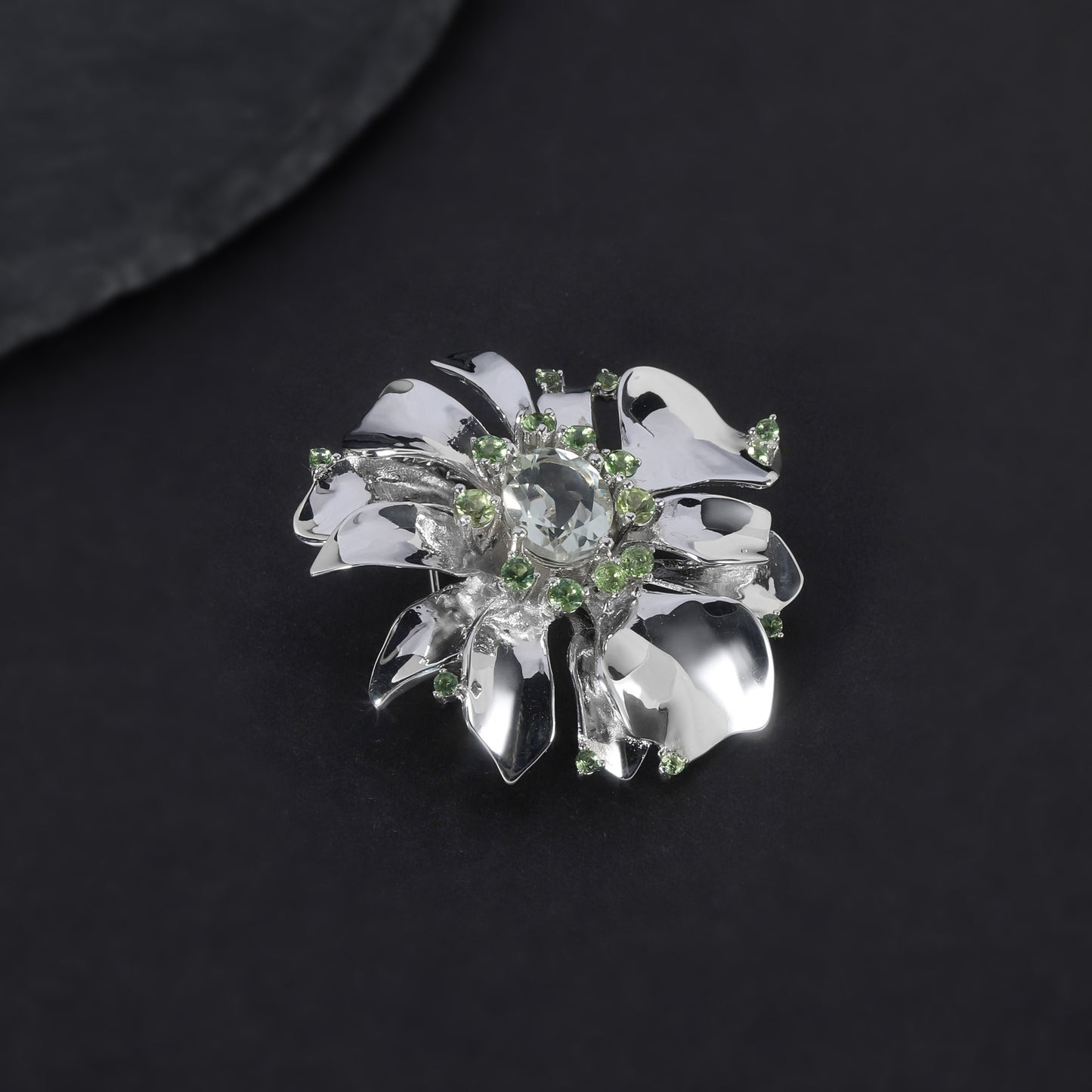 OliyaDesign Natural Green Amethyst Flower S925 Silver Gemstone Brooch