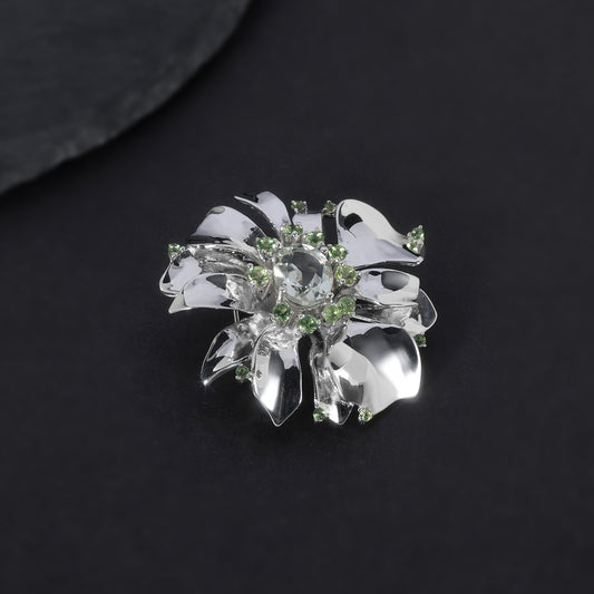 OliyaDesign Natural Green Amethyst Flower S925 Silver Gemstone Brooch