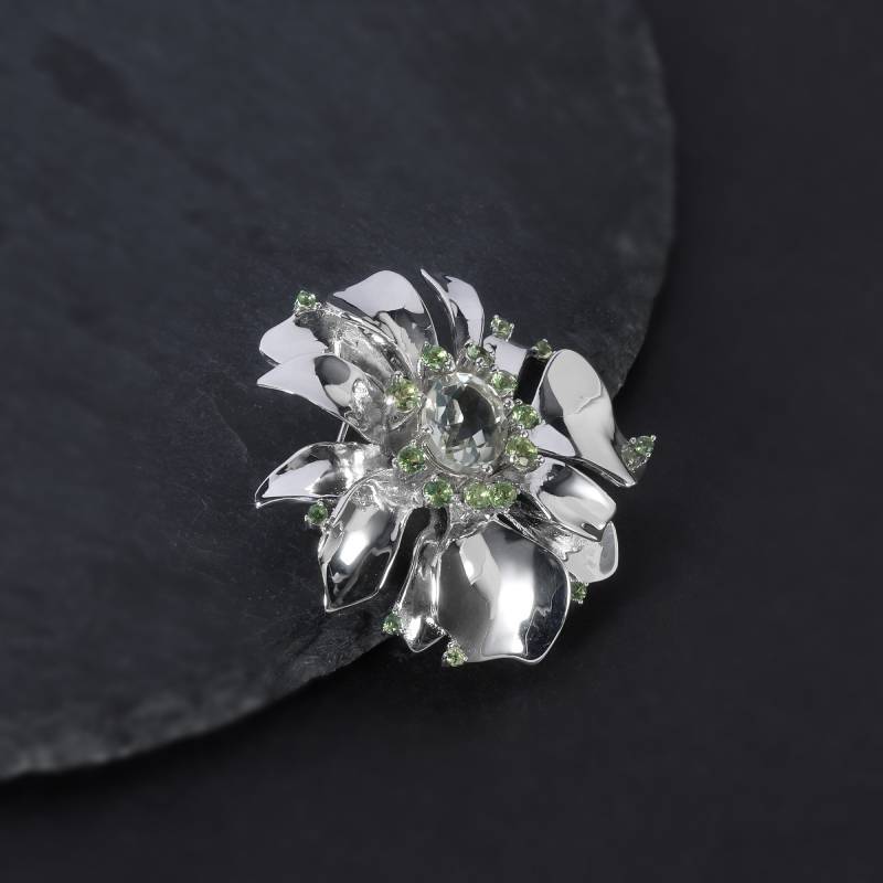 OliyaDesign Natural Green Amethyst Flower S925 Silver Gemstone Brooch