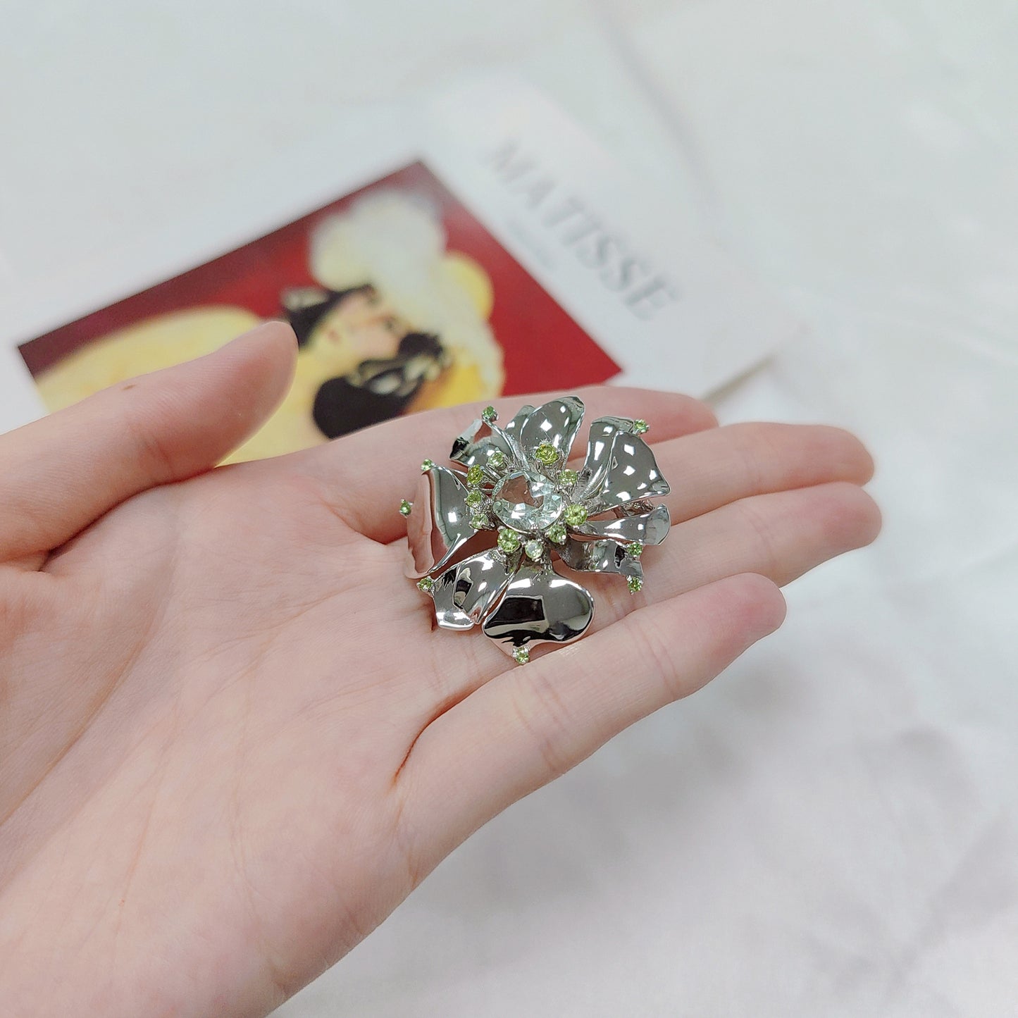 OliyaDesign Natural Green Amethyst Flower S925 Silver Gemstone Brooch