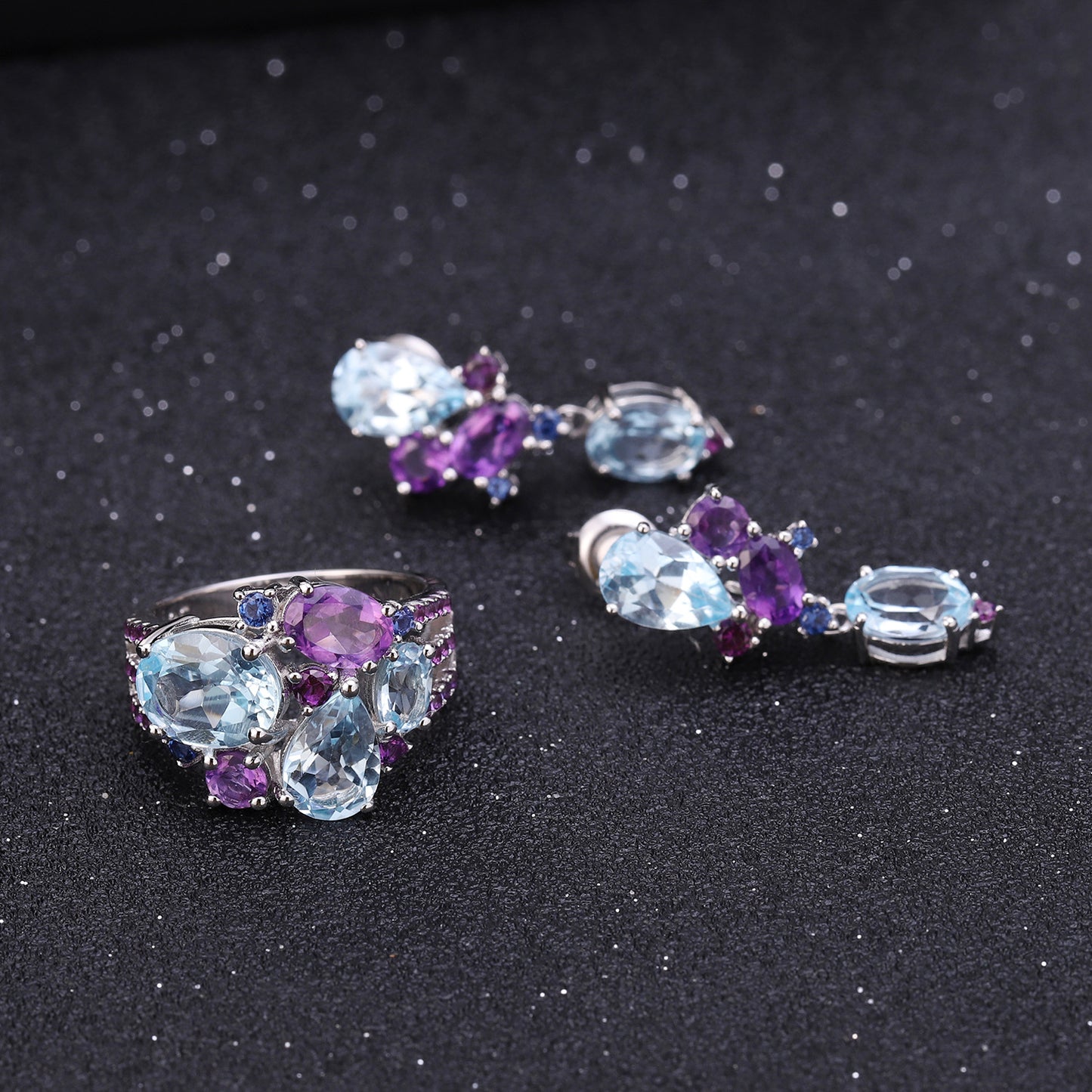 OliyaDesign Luxury Gemstone Banquet High-End S925 Sterling Silver Ring Set with Natural Gemstones