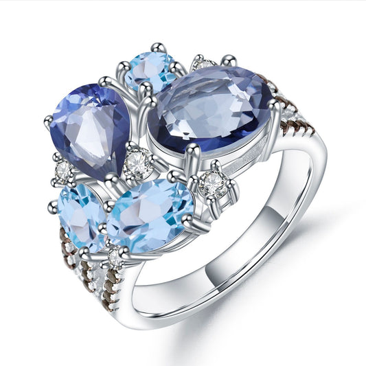 OliyaDesign Luxury Gemstone Banquet High-End S925 Sterling Silver Ring Set with Natural Gemstones