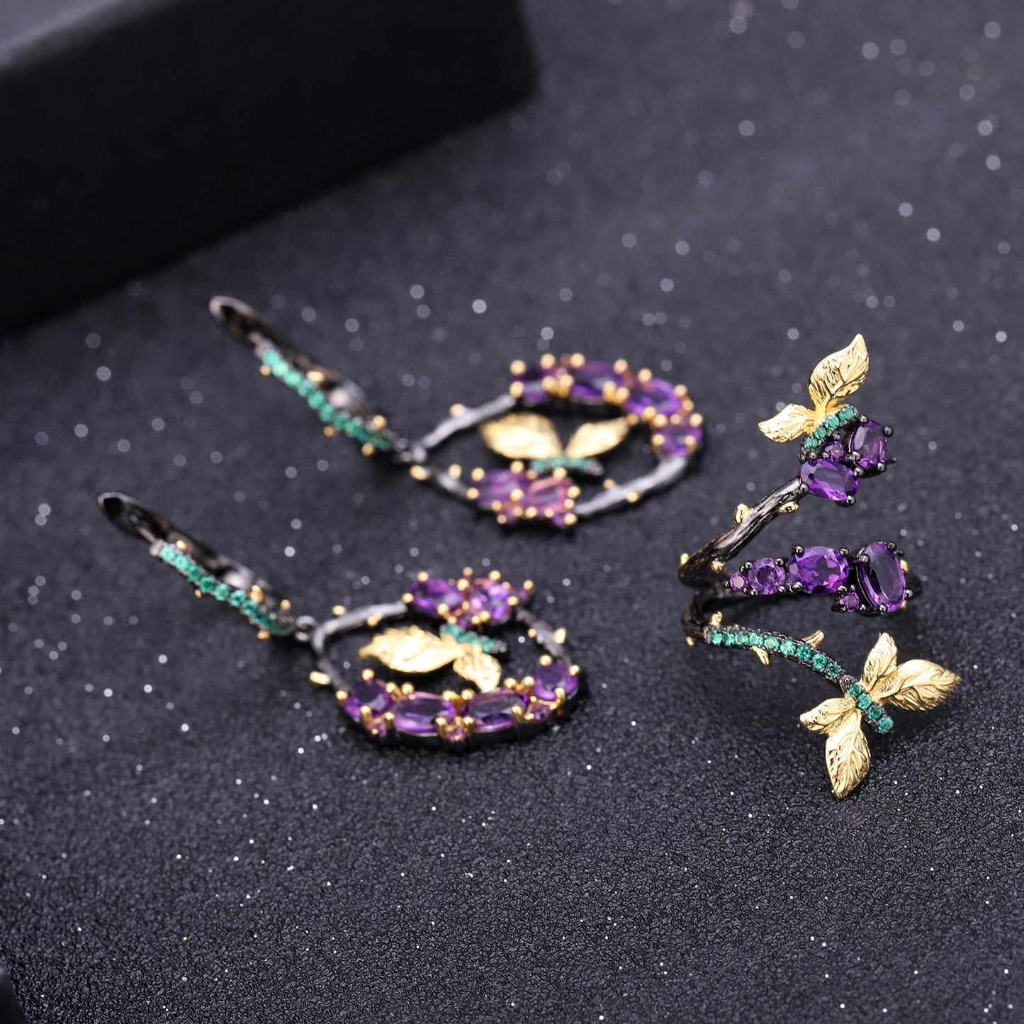 OliyaDesign Secret Garden Series Designer Natural Style Butterfly Design S925 Sterling Silver Natural Amethyst Ring