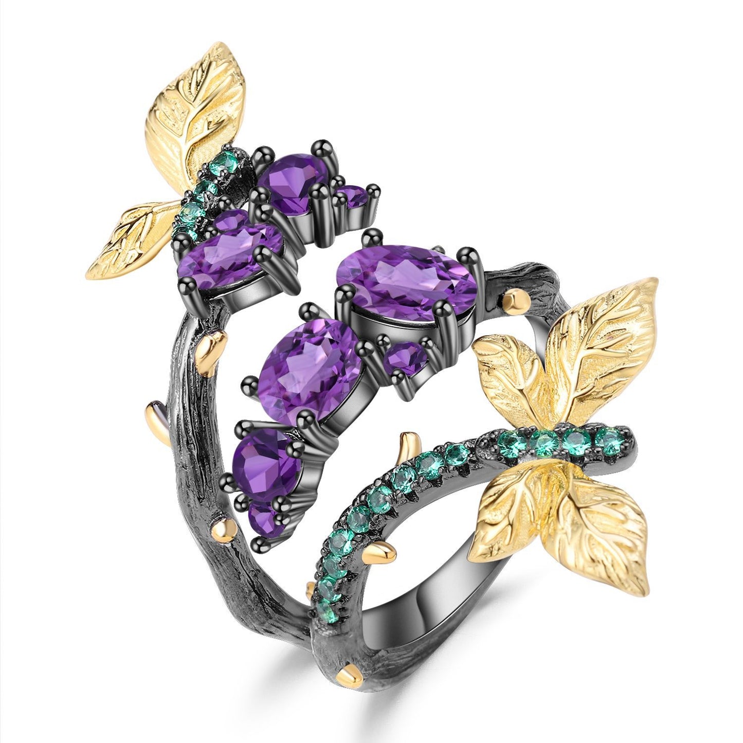 OliyaDesign Secret Garden Series Designer Natural Style Butterfly Design S925 Sterling Silver Natural Amethyst Ring