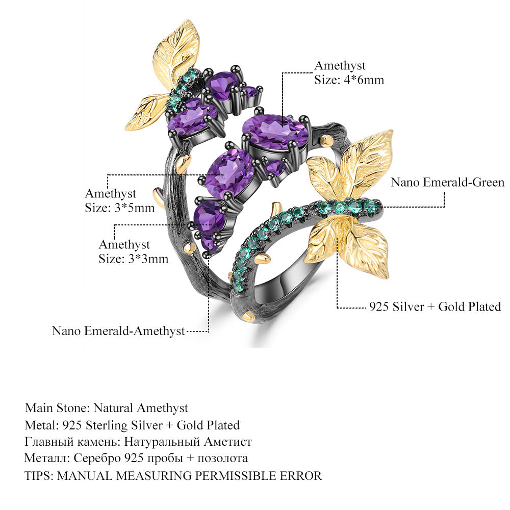 OliyaDesign Secret Garden Series Designer Natural Style Butterfly Design S925 Sterling Silver Natural Amethyst Ring