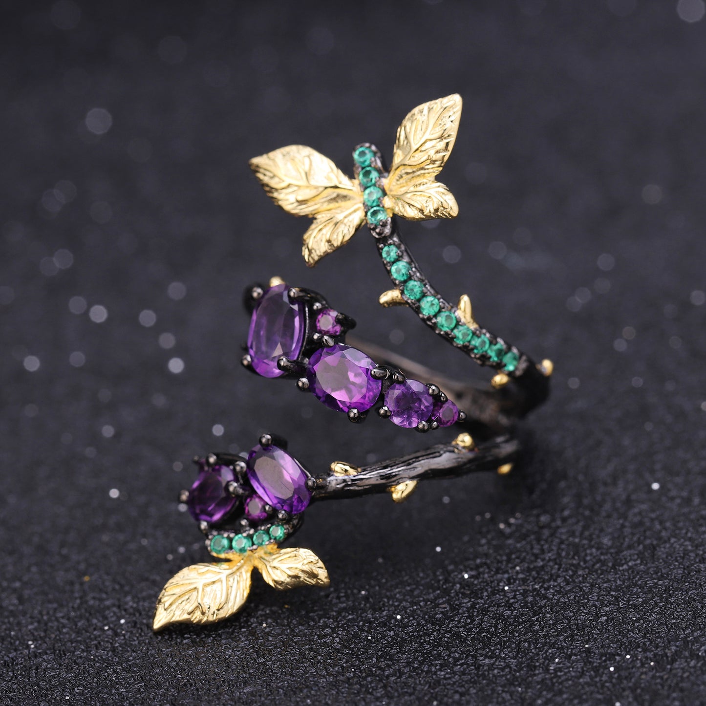 OliyaDesign Secret Garden Series Designer Natural Style Butterfly Design S925 Sterling Silver Natural Amethyst Ring