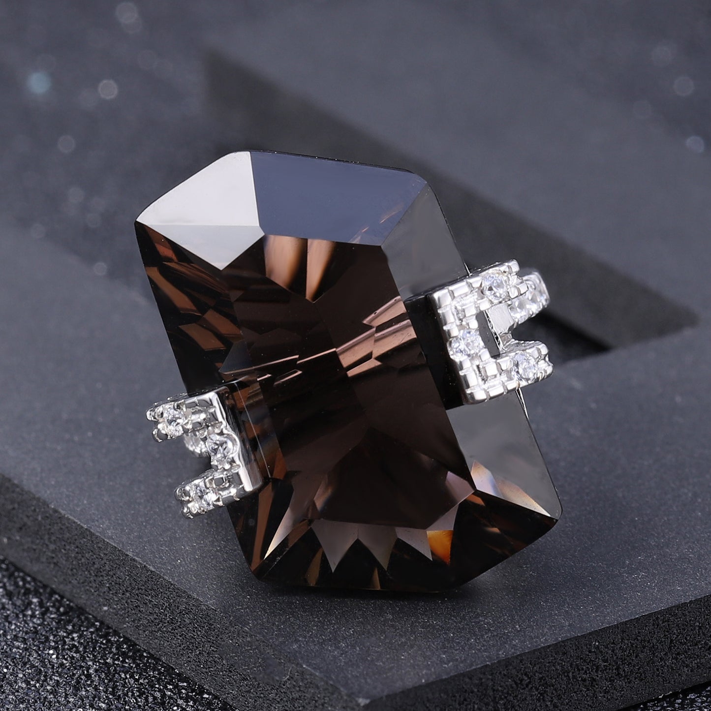 OliyaDesign Natural Smoky Quartz 925 Silver Irregular-Shaped Large Carat Natural Gemstone Ring