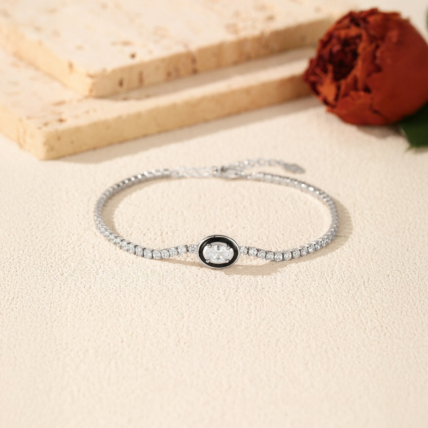 OliyaDesign S925 Sterling Silver Black Oval Enamel Bracelet