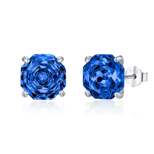 OliyaDesign S925 Sterling Silver Octagonal Royal Blue Rose Cutter Earrings