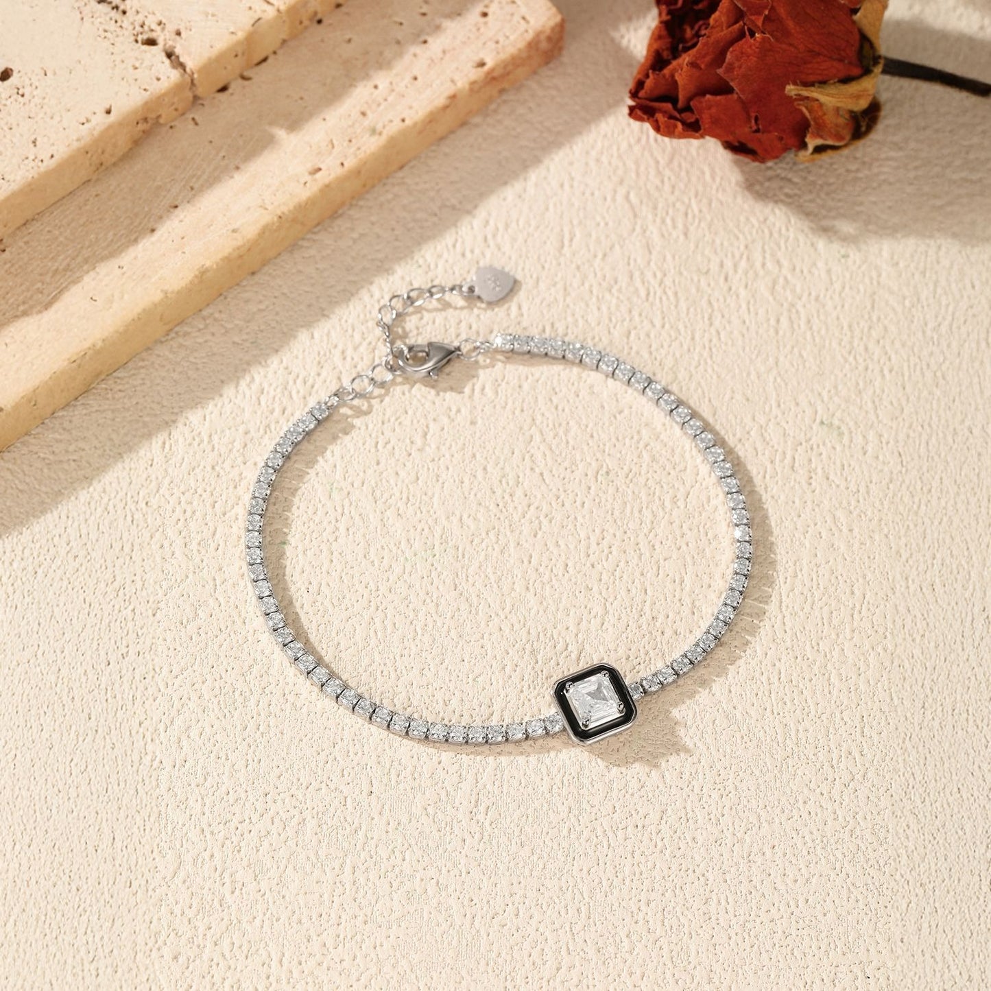 OliyaDesign S925 Sterling Silver Black Enamel Diamond Bracelet