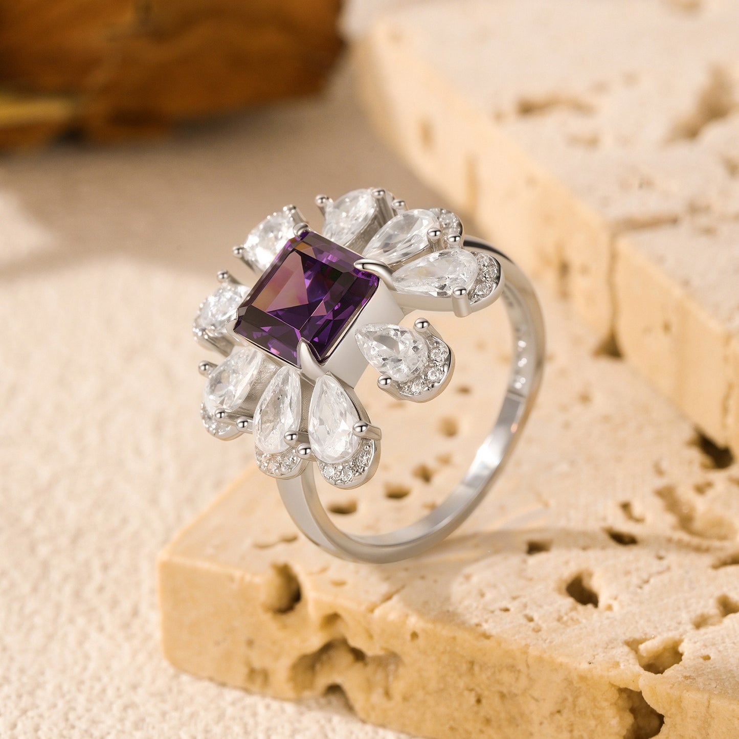 OliyaDesign S925 Sterling Silver Violet Diamond Ring
