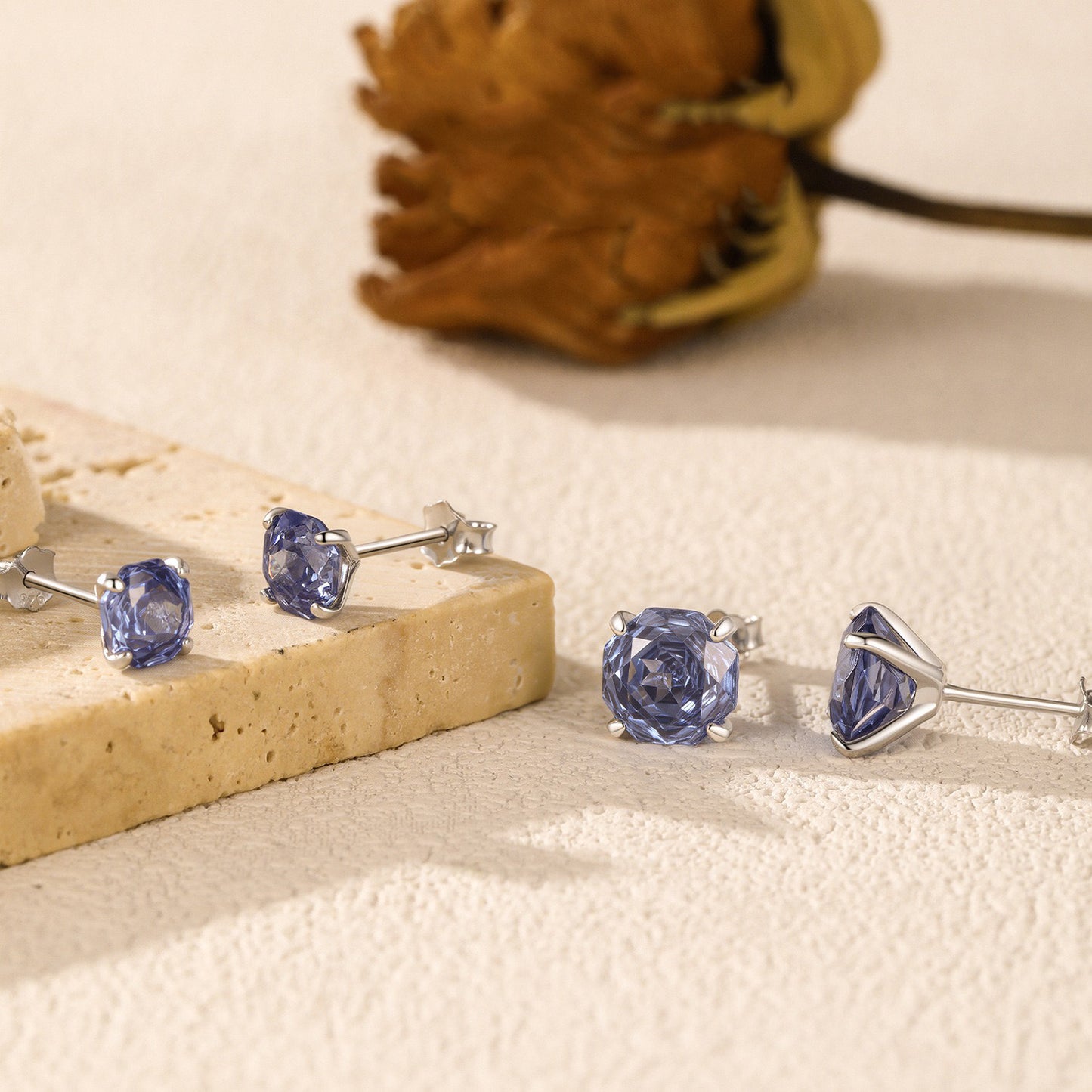 OliyaDesign S925 Sterling Silver Octagonal Tanzanite Rose-Cut Imitation Diamond Stud Earrings