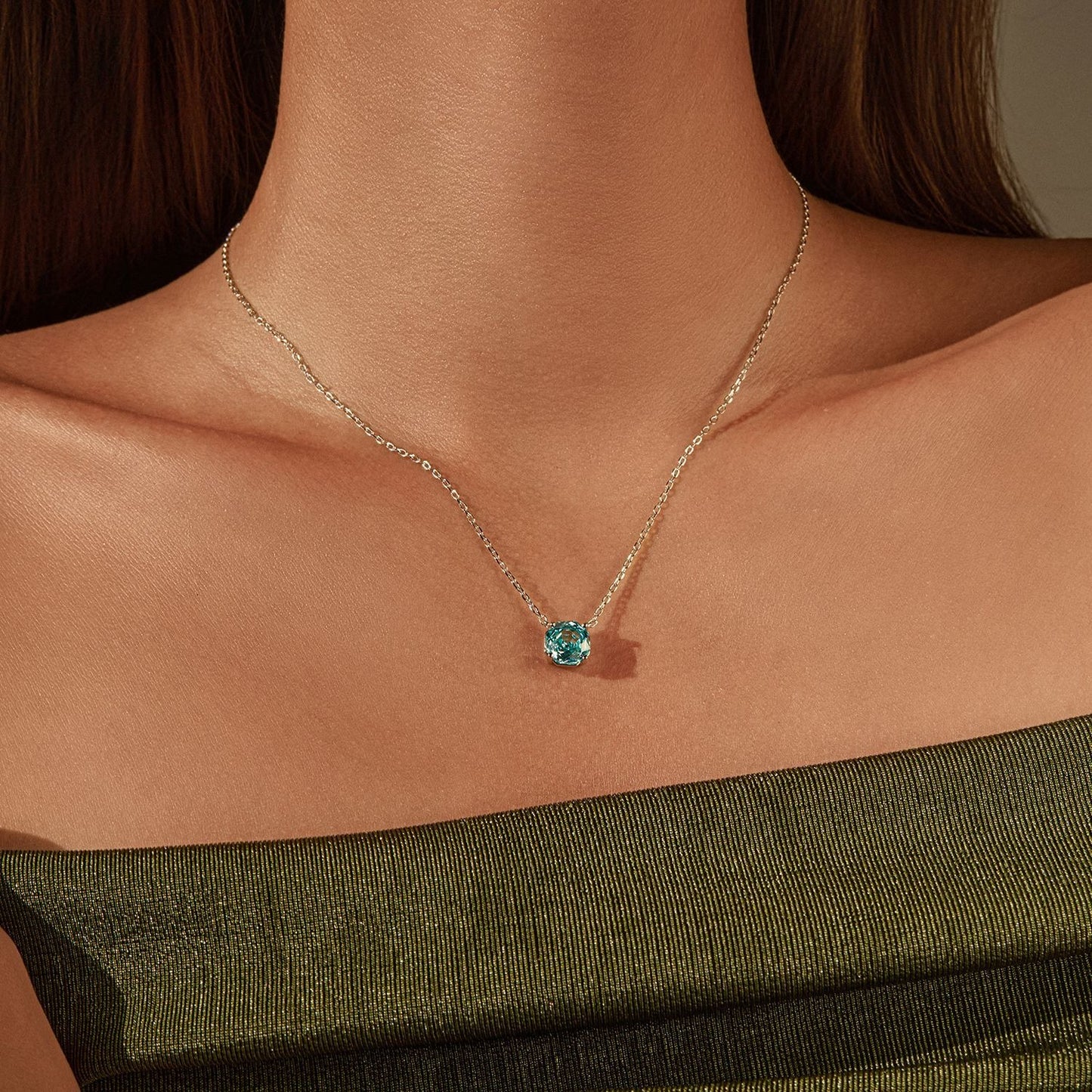 OliyaDesign S925 Sterling Silver Light Sea Blue Octagonal Rose-Cut Solo Diamond Necklace