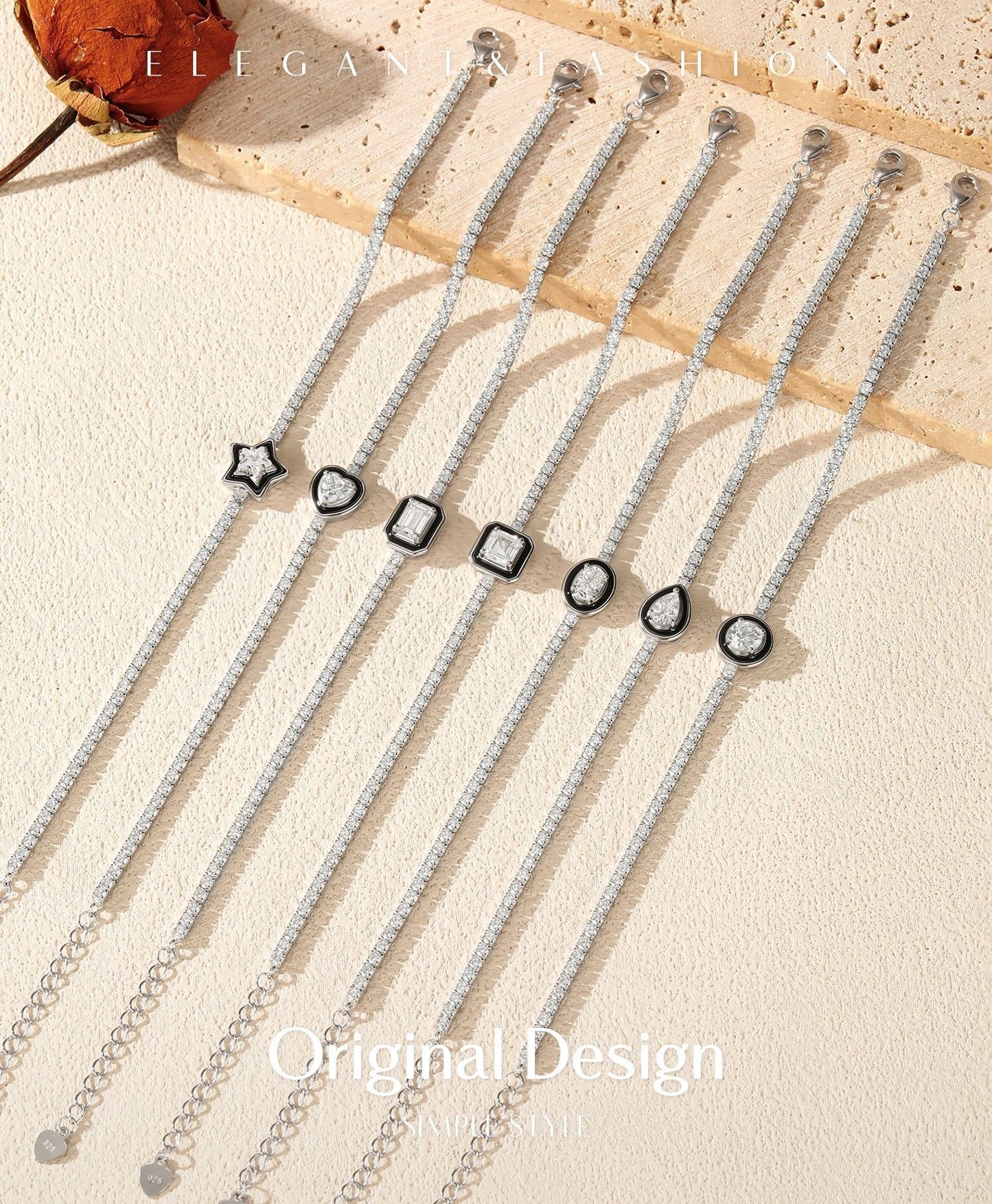 OliyaDesign S925 Sterling Silver Sweet and Cool Style Black Enamel Geometric Bracelet