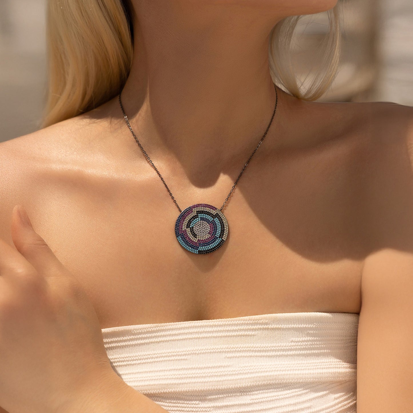 OliyaDesign S925 Sterling Silver Color-Blocked Pixel Style Shield Necklace