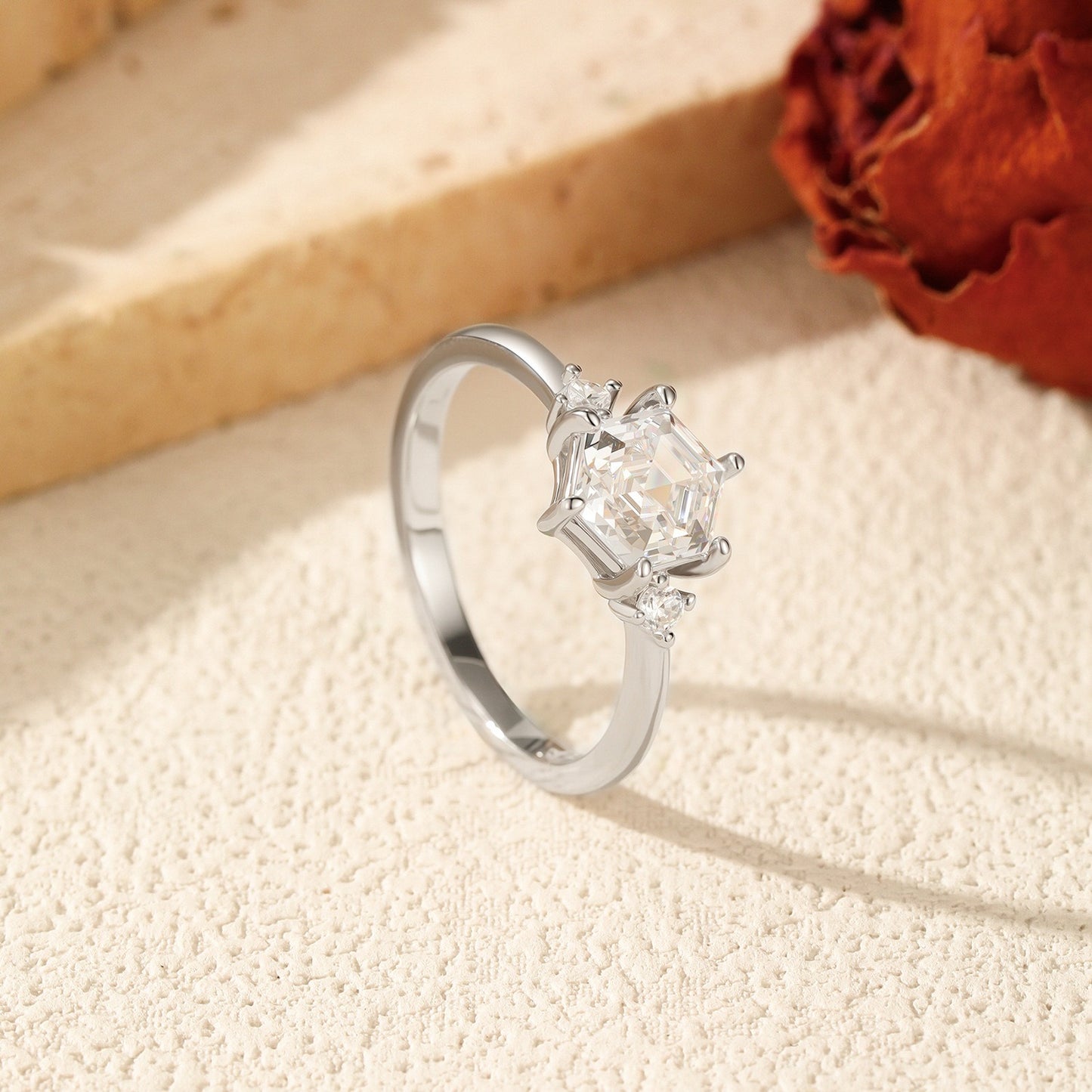 OliyaDesign S925 Sterling Silver Original Hexagonal Diamond Ring