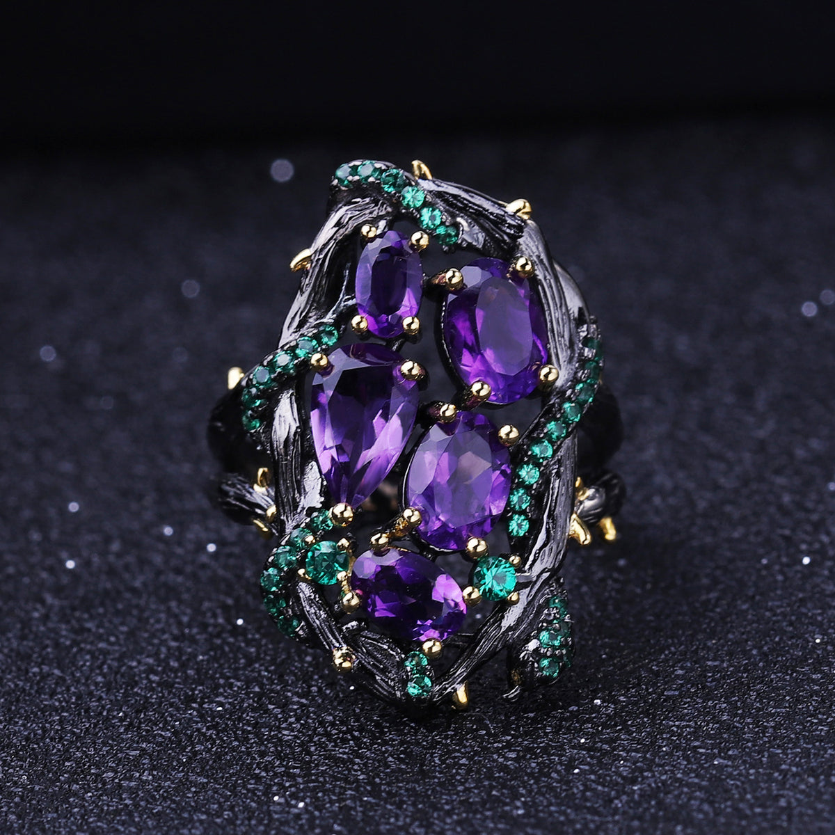 OliyaDesign Natural Style European and American Style S925 Sterling Silver Natural Gemstone Amethyst Ring