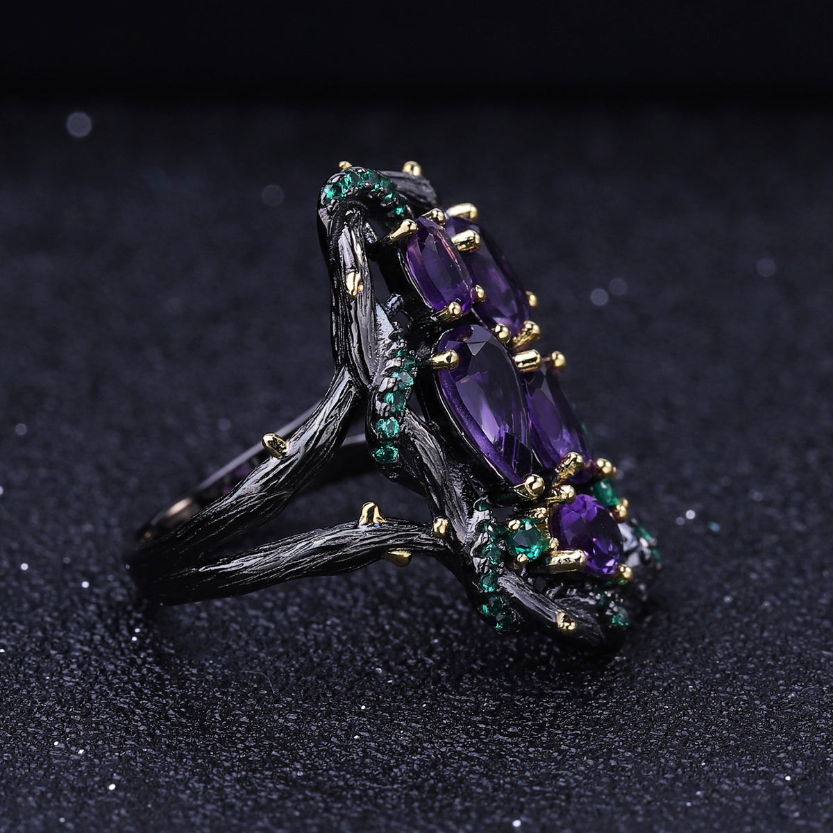 OliyaDesign Natural Style European and American Style S925 Sterling Silver Natural Gemstone Amethyst Ring