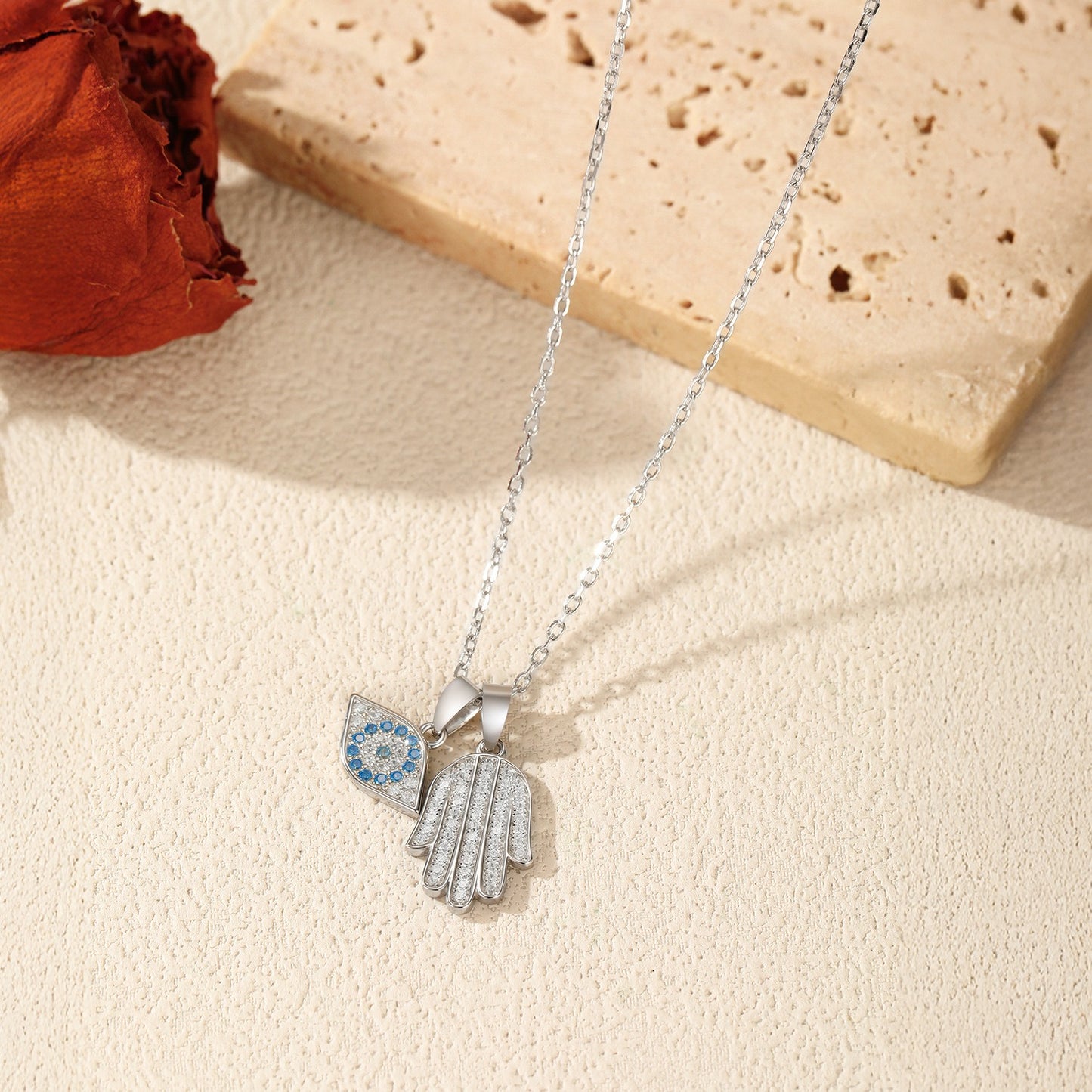 OliyaDesign S925 Sterling Silver Eyes/Palm Necklace