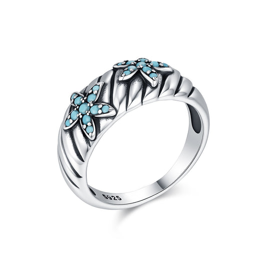 OliyaDesign S925 Sterling Silver Vintage Synthetic Turquoise Starfish Ring