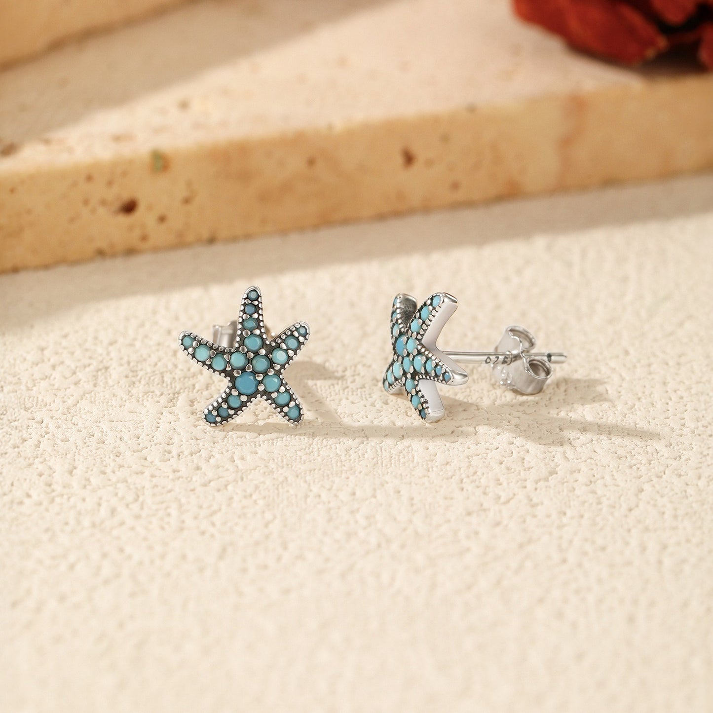 OliyaDesign S925 Sterling Silver Synthetic Turquoise Starfish Earrings