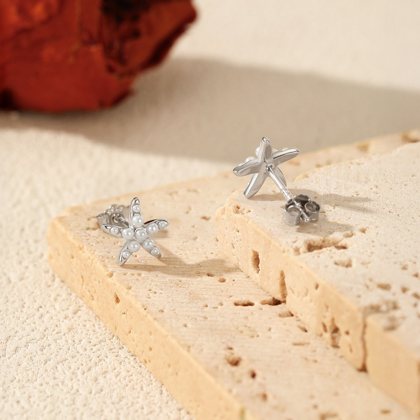 OliyaDesign S925 Sterling Silver Cute Starfish Crystal Pearl Stud Earrings