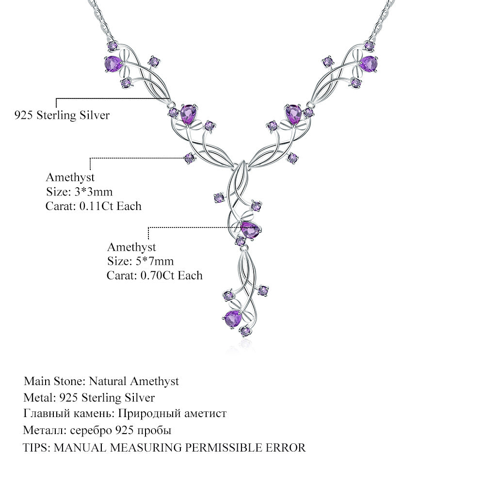 OliyaDesign A 925 Sterling Silver Necklace Inlaid With Natural Amethyst, Perfect For An Elegant Evening Wear.