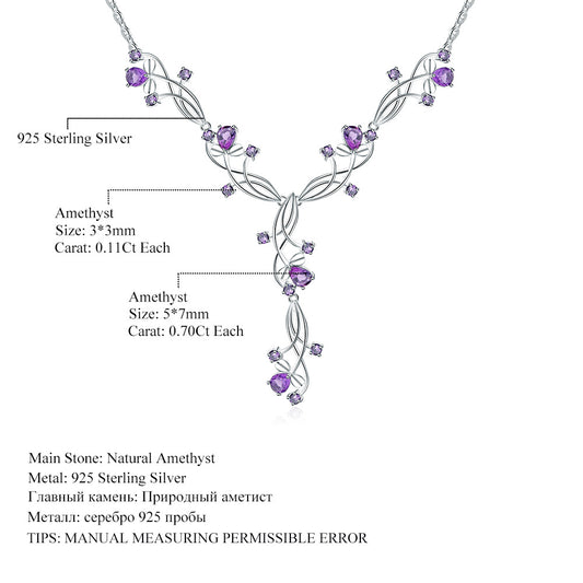 OliyaDesign A 925 Sterling Silver Necklace Inlaid With Natural Amethyst, Perfect For An Elegant Evening Wear.