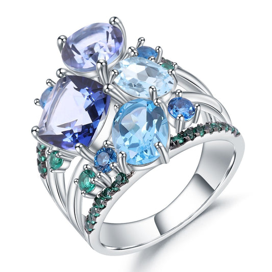 OliyaDesign High-End S925 Sterling Silver Ring With Gemstones For Banquets
