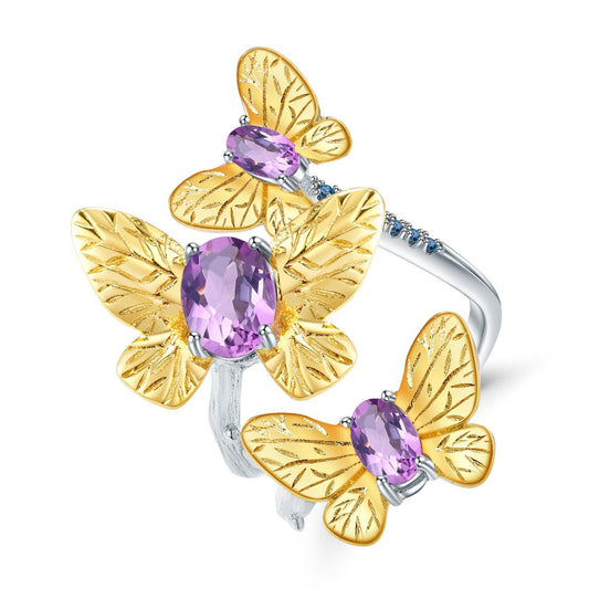 OliyaDesign Natural Butterfly Design 925 Sterling Silver Open Ring With Natural Amethyst