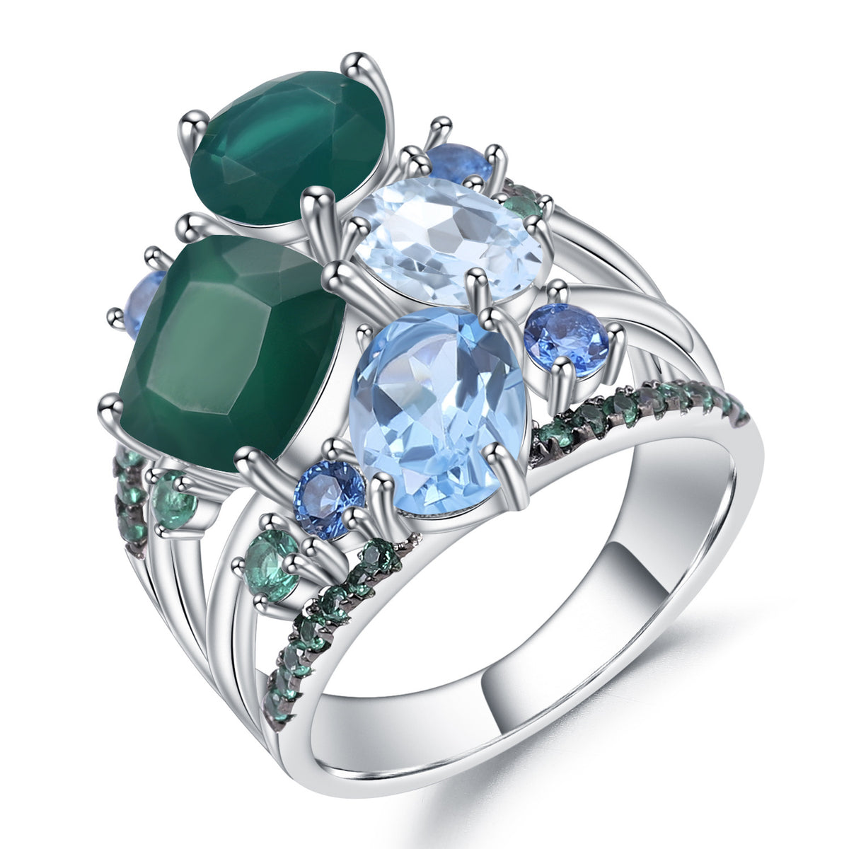 OliyaDesign High-End S925 Sterling Silver Ring With Gemstones For Banquets